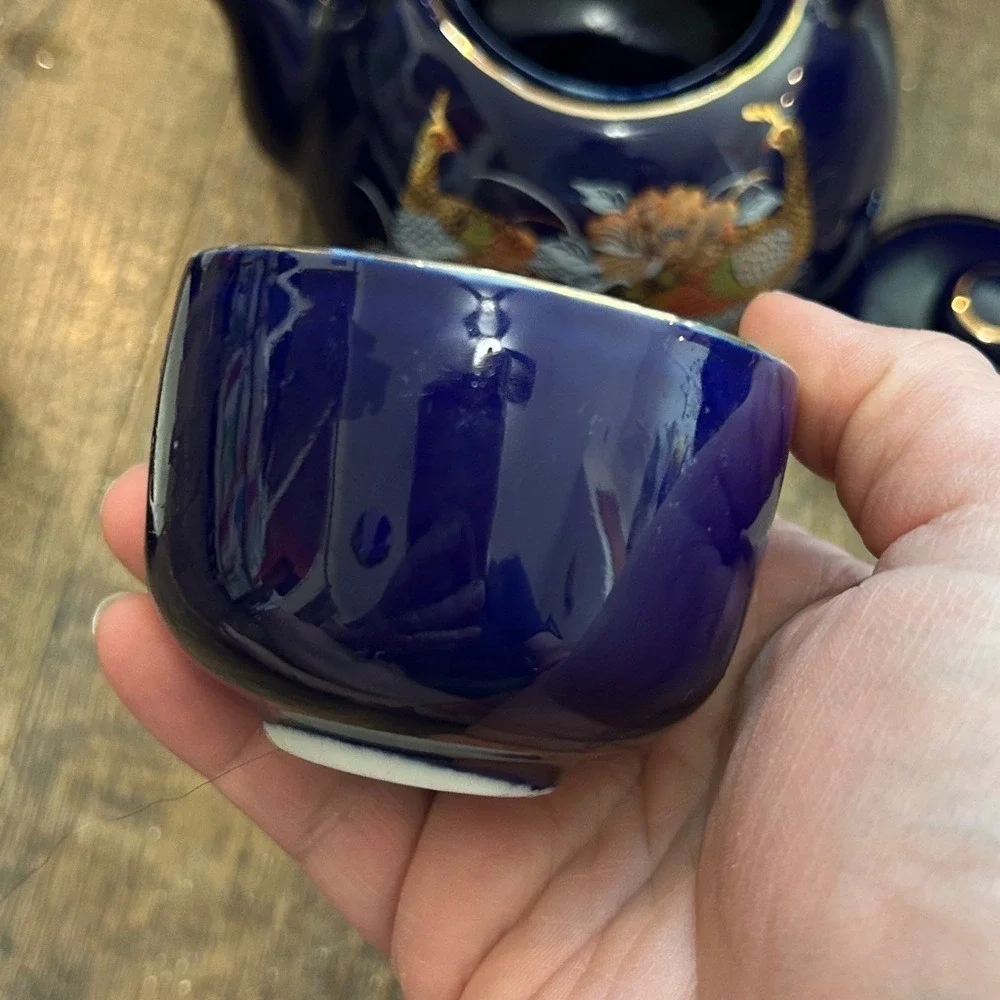 Vintage Blue Asian Porcelain Teapot/Lid Wrapped Handle Gold Pheasant 3 Cups